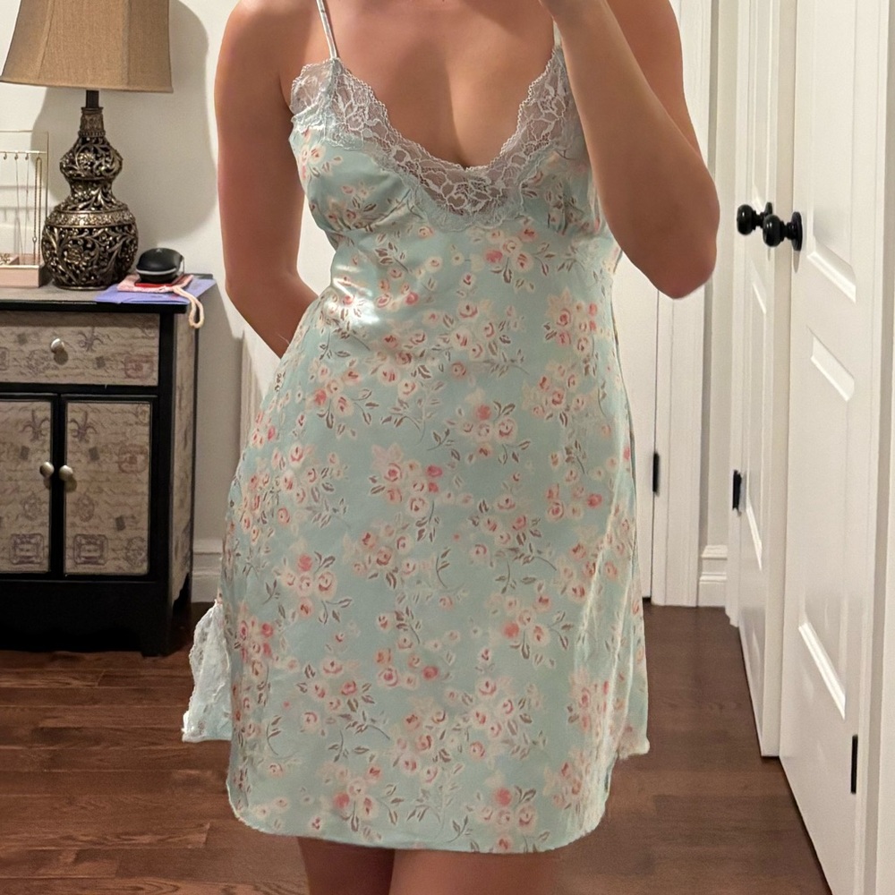 Floral Lace Trim Satin Slip Dress